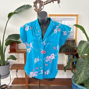 Vintage Kelii’s Hawaii Floral Aloha Shirt Womens L Blue Cotton Made USA
